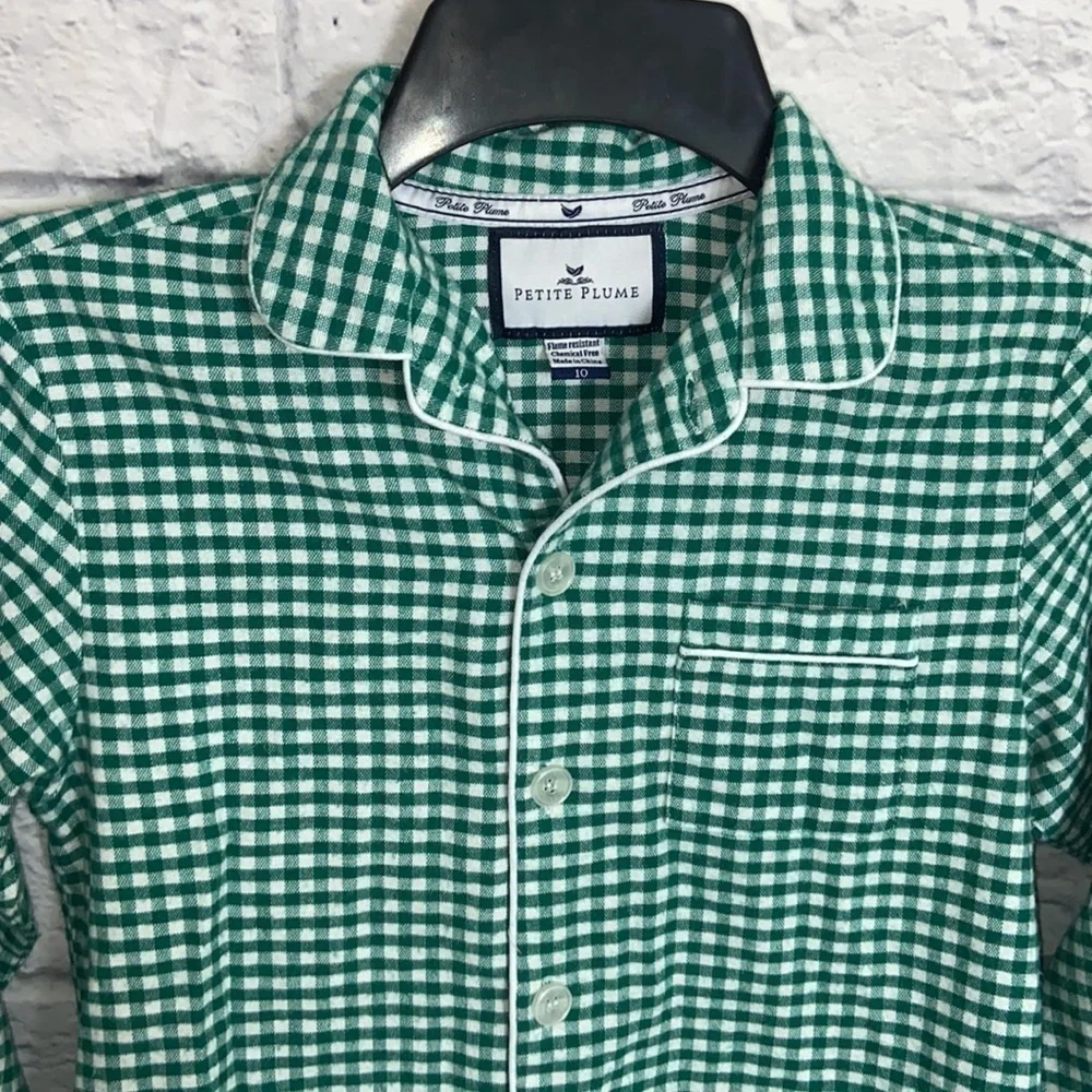 Petite Plume Green Gingham Classic Flannel Pajama Shirt size 10